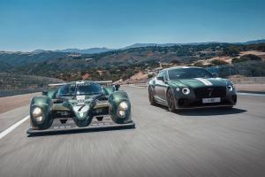 Bentley Breitling F1 car and Bentley Continental GT Le Man's edition in Verdant Green colour driving along a racetrack.