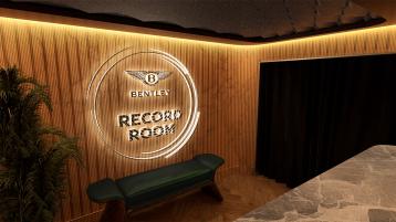 Neon sign for Bentley Record Room, with Bentley Flying wings badge in view.