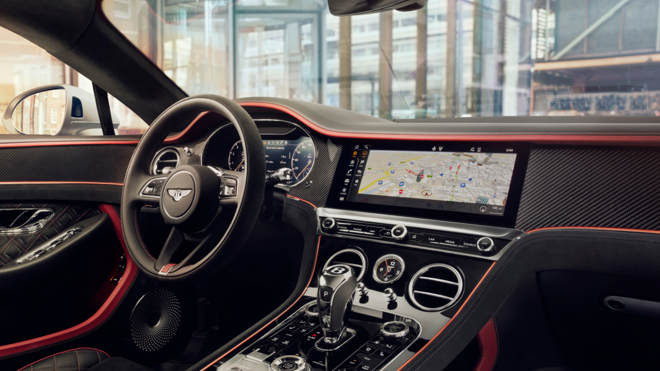 Front cabin on the Continental GT Speed with maps open on the Bentley Rotating Display