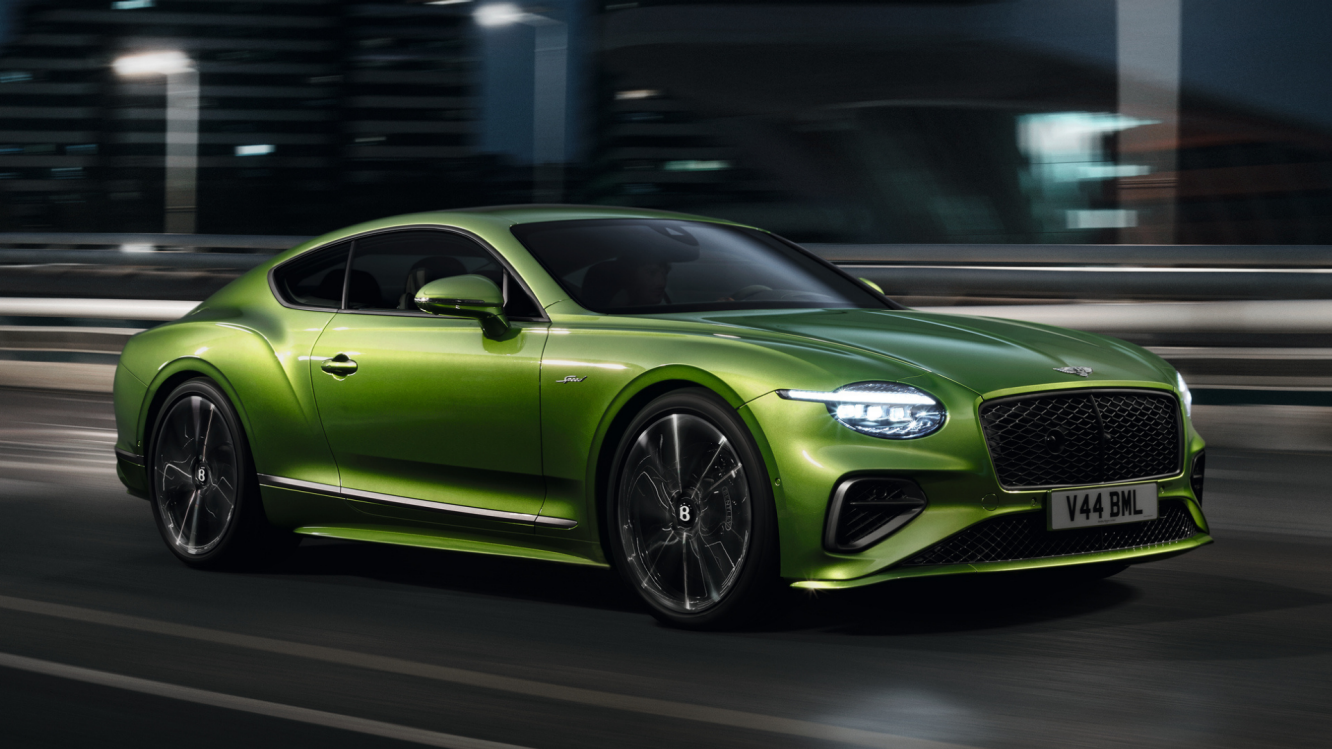 Front of the new hybrid Continental GTC Speed in Tourmaline Green with 22 inch directional wheels