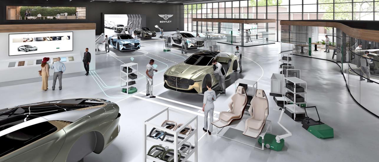 Animated view of Bentley's futuristic assembly line with vehicles in various stages of production and technicians working in ergonomic environment.
