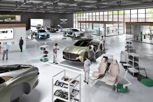 Animated view of Bentley's futuristic assembly line with vehicles in various stages of production and technicians working in ergonomic environment.