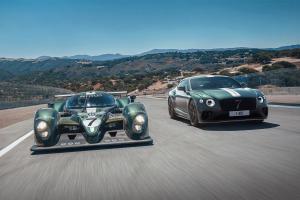 Bentley Breitling F1 car and Bentley Continental GT Le Man's edition in Verdant Green colour driving along a racetrack.