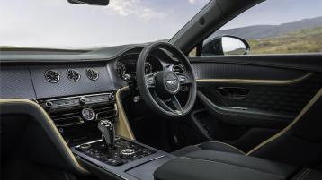 Front cabin of the new Flying Spur Mulliner hybrid with a duo tone cabin and technical finish veneer