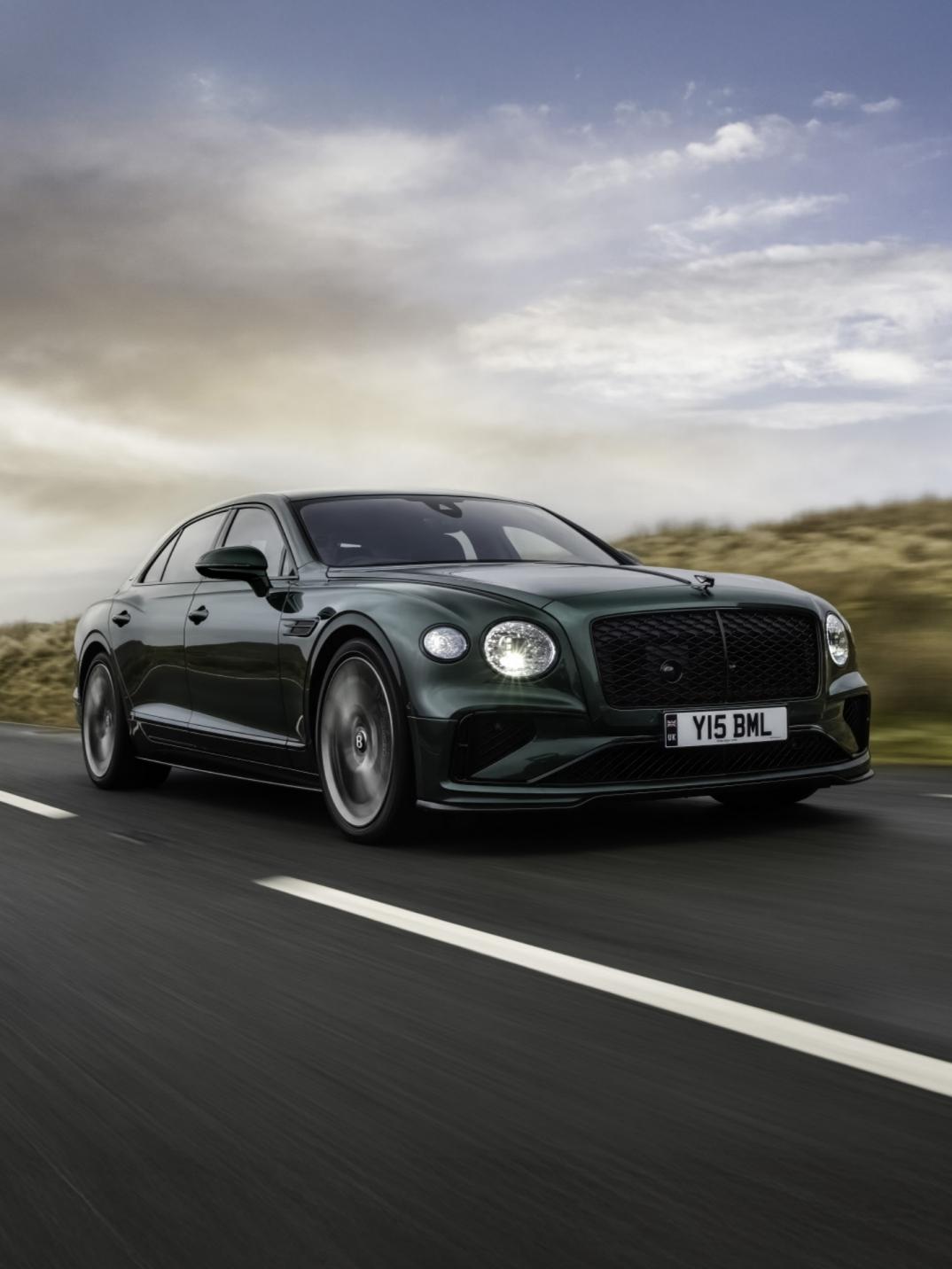 A Veridian Flying Spur Speed driving in a rural environment