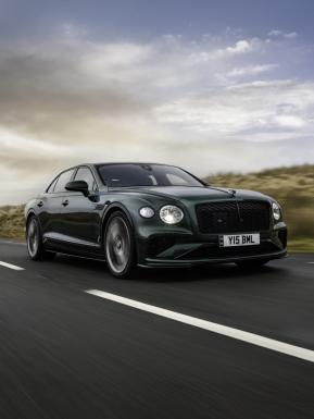 A Veridian Flying Spur Speed driving in a rural environment