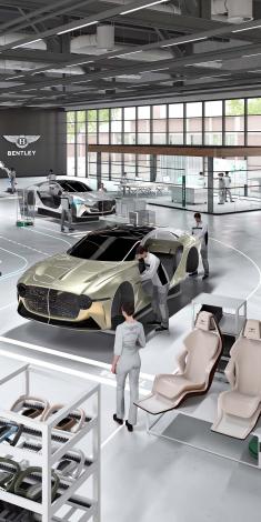 Animated view of Bentley's futuristic assembly line with vehicles in various stages of production and technicians working in ergonomic environment.