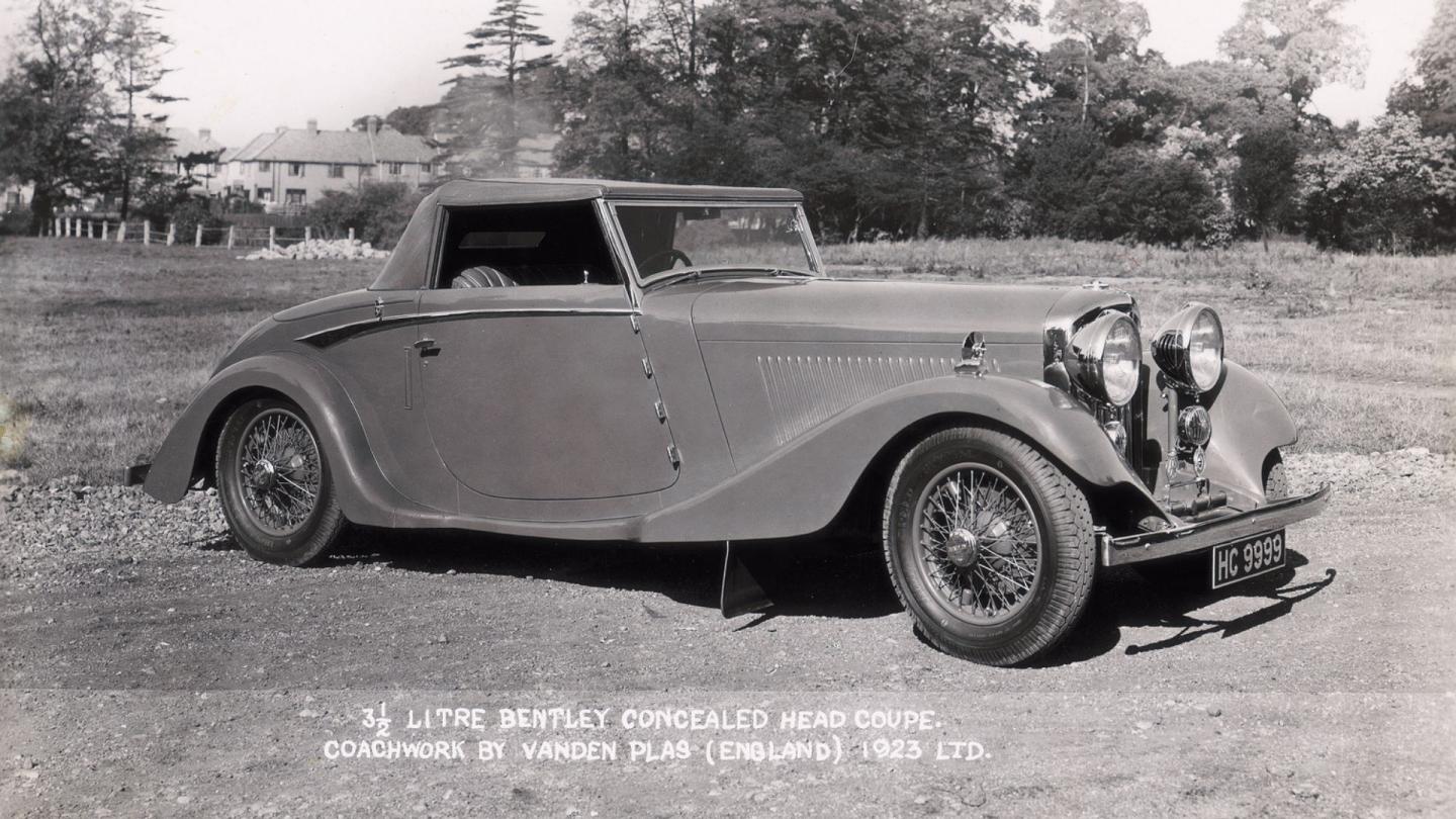 A front three quarter of a 3½ Litre Derby Bentley in a rural environment