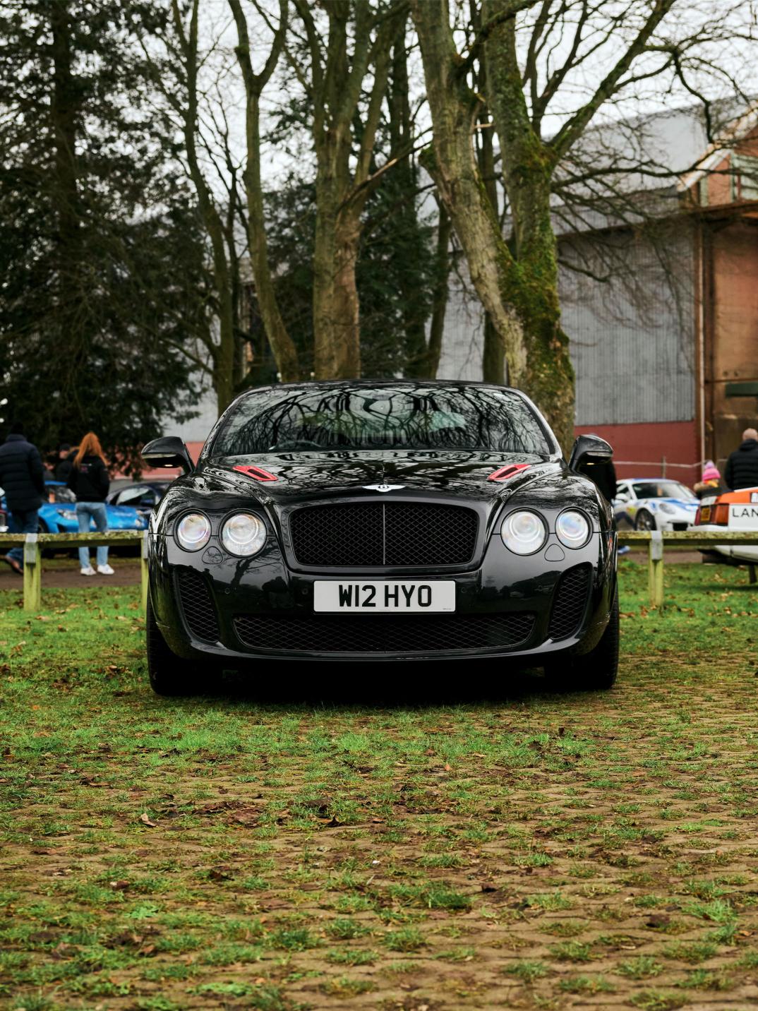 Chart Chirathivat's Bentley Supersports ISR on grass with people and cars in the background.