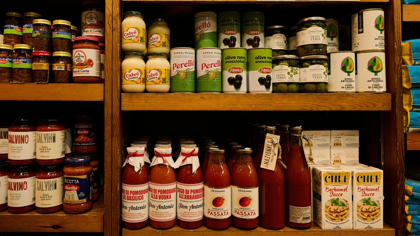 A shelf of cooking ingredients in Salvino's.