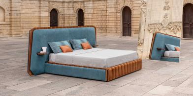 Bentley Home 2024 collection Brixton bed with teal cushions and straight vein veneer 