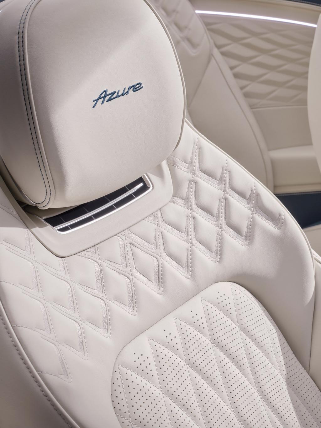 Close up of the front seat in the Continental GTC Azure featuring wellness quilting