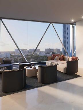 Interior of Bentley Home, overlooking residential appartments   featuring bespoke wall,flooring and upholstery. 