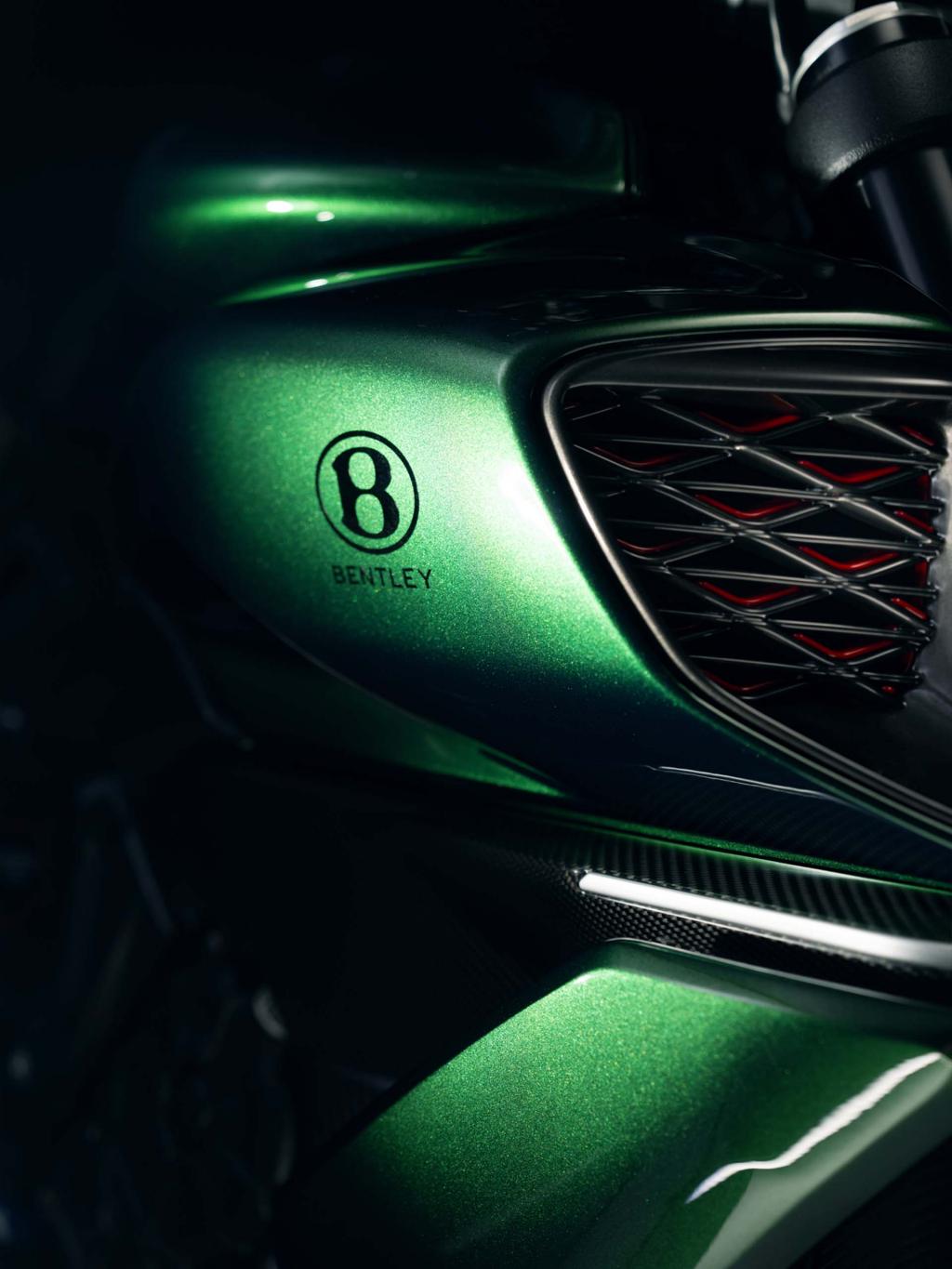 Close up of Bentley logo on side of the Diavel for Bentley in Scarab Green