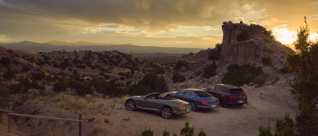 Rear view Bentley Continental GTC, Bentley Flying Spur and Bentley Bentayga EWB in Black Crystal over cricket ball parked, with view of Canyons.