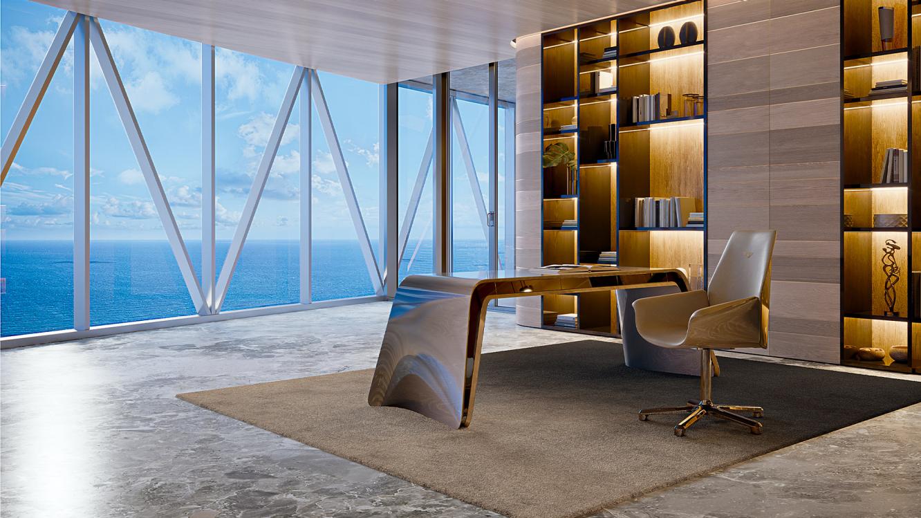 Heated swimming pool in balcony of Bentley Residences Miami , over looking vast stretch of Atlantic ocean.