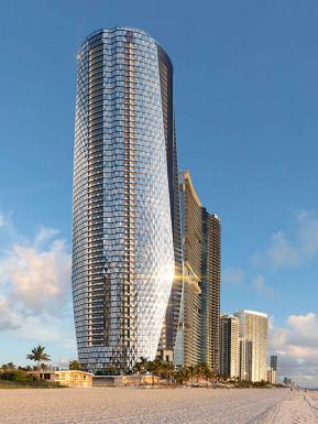 Exterior view of Bentley Residences in Miami with 61 storeys, built near beech front.
