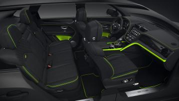 Full interior cabin overview of the Bentayga S Black Edition feature Beluga hide and hyper green contrasting trim