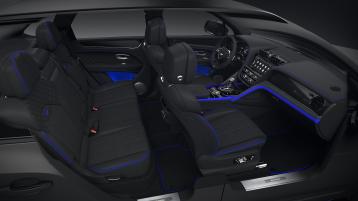 Full interior cabin overview of the Bentayga S Black Edition feature Beluga hide and Klein Blue contrasting trim