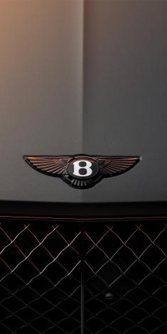 Close up of blacked out Bentley badge on a Light Grey Satin Bentayga S front bonnet/hood