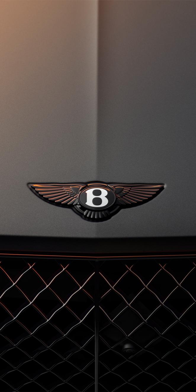 Close up of blacked out Bentley badge on a Light Grey Satin Bentayga S front bonnet/hood