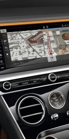 Infotainment system of Bentley Continental GT Speed with 12.3 inch display screen featuring HDD navigation.