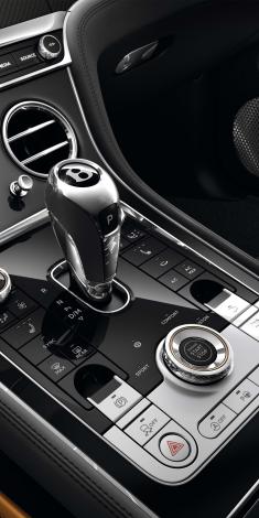 Bentley Continental GT Speed W 12 centre console with 8 speed tranmission lever in view.