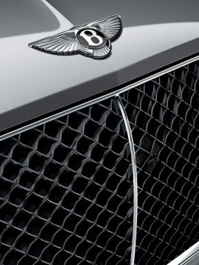 Close up of Moonbeam coloured Bentley Continental GTC signature model's Black gloss matrix grille with chrome surround