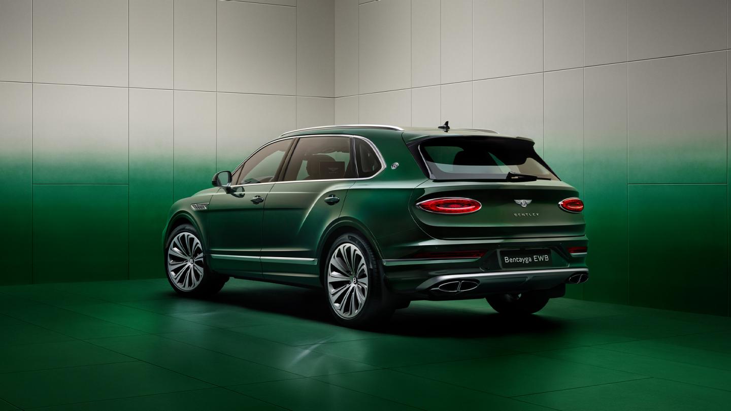 Wisdom Kaye sitting in the rear cabin of the Bentayga Atelier Edition with Portland main hide and Cumbrian Green secondary hide