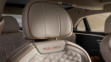 Close up of the Mulliner seat emblem in the front cabin of the new Flying Spur Mulliner