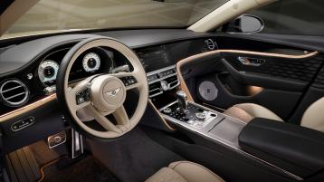 Front cabin of the new Bentley Flying Spur Mulliner with linen main hide and Damson secondary hide