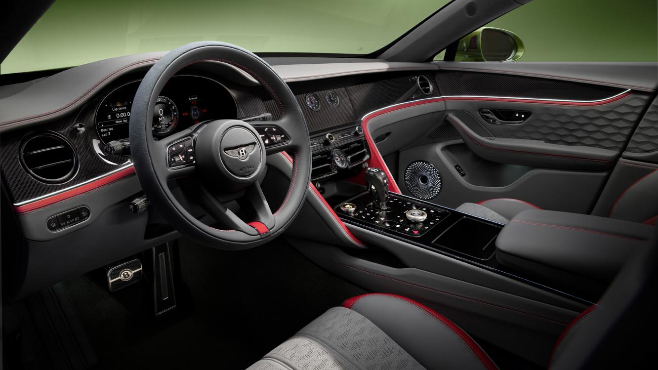 The front cabin of the new hybrid Bentley Flying Spur Mulliner with a exclusive Mulliner colour split
