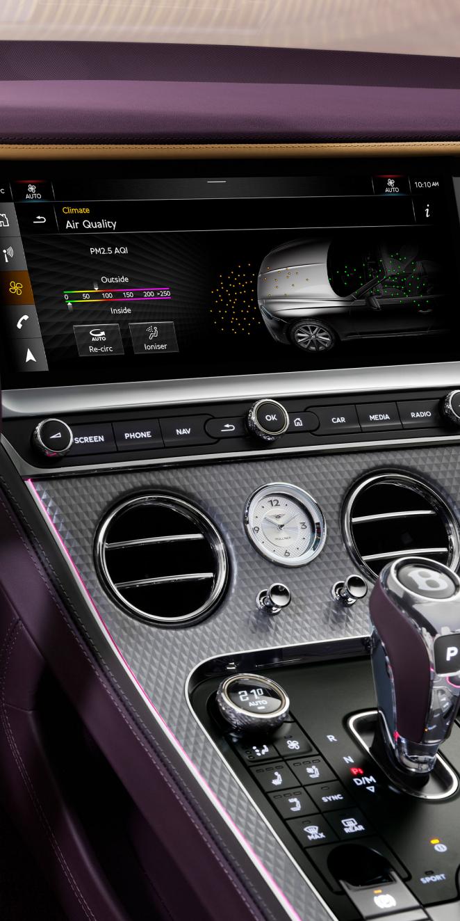 Bentley Continental GTC Mulliner's multi media system display with air purification in progress