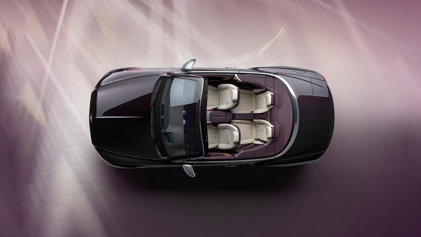 Top view of the new hybrid Continental GTC Mulliner in Damson Green 22 inch directional and diamond cut Mulliner wheels