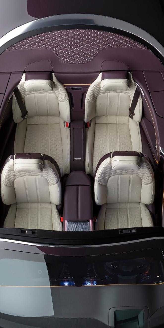 Top view of the new hybrid Continental GTC Mulliner in Damson with a Linen main hide and Damson secondary hide interior