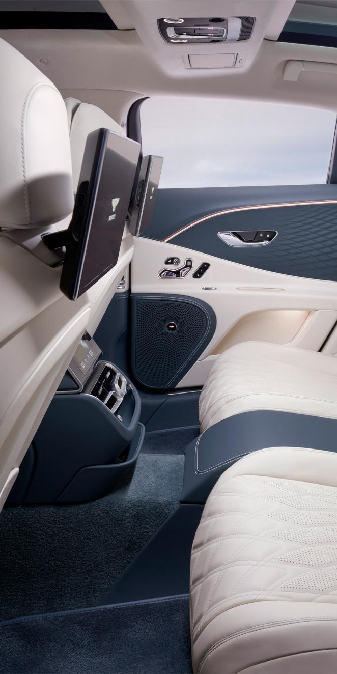 Rear cabin of the new Flying Spur Azure with rear seat entertainment