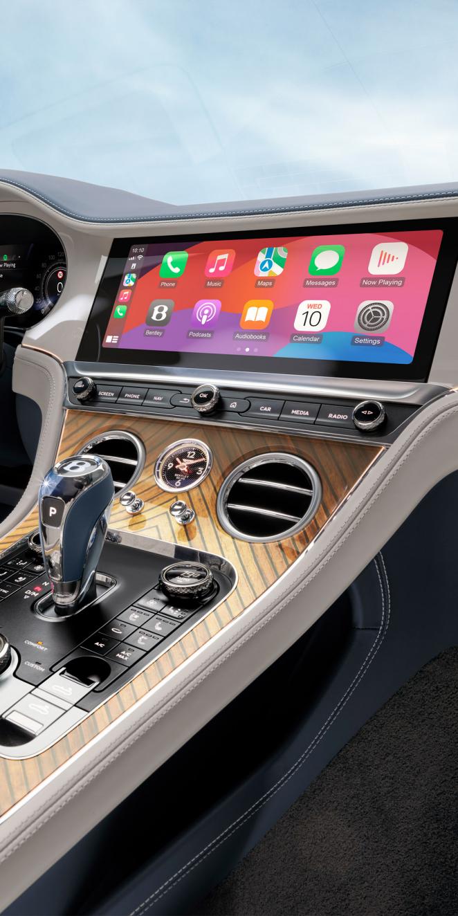 Close up of the MMI in the new hybrid Continental GT Azure featuring Apple Car Play
