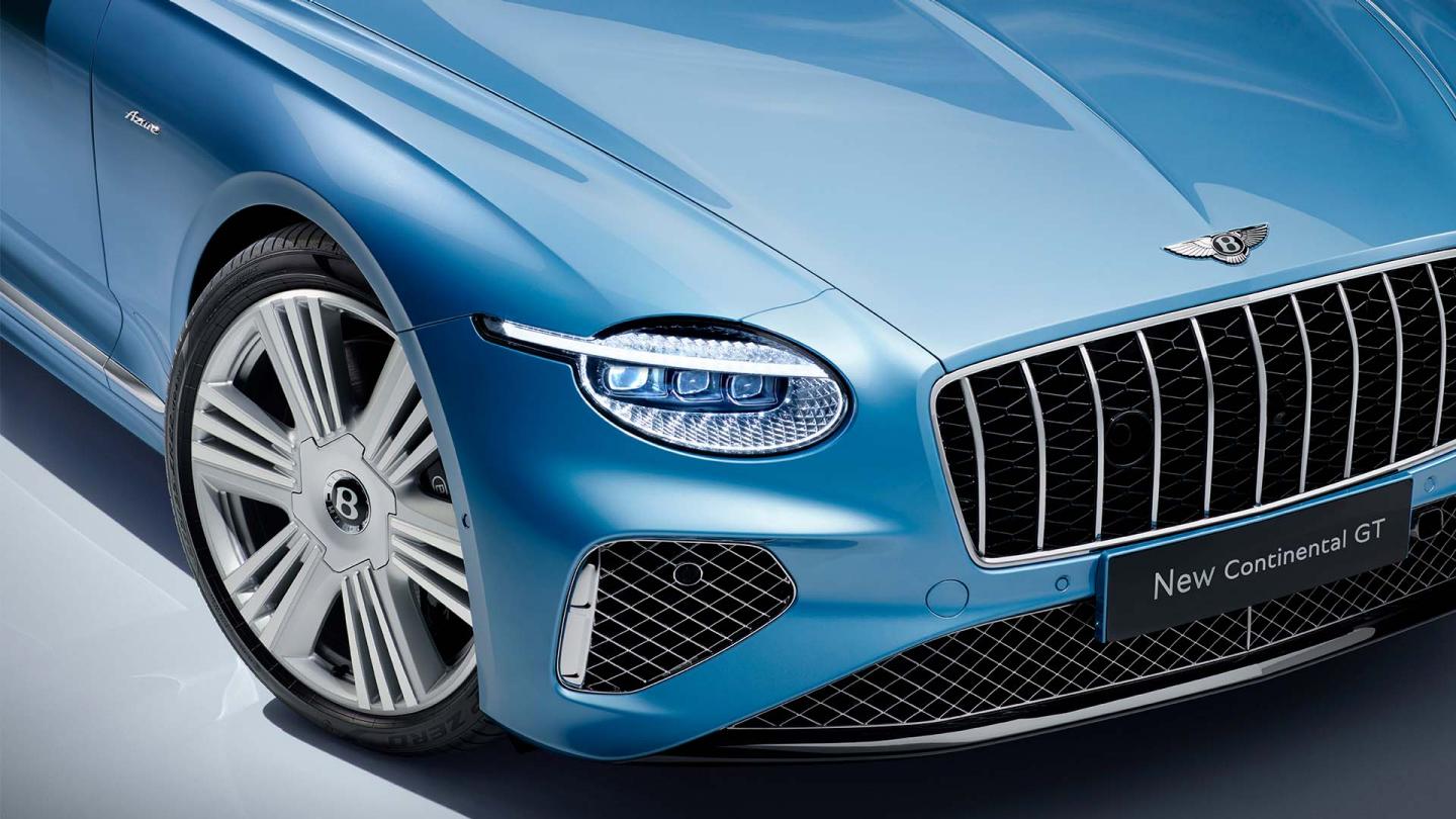 Close up of the new headlights and front bumper featured on the new hybrid Bentley Continental GT Azure