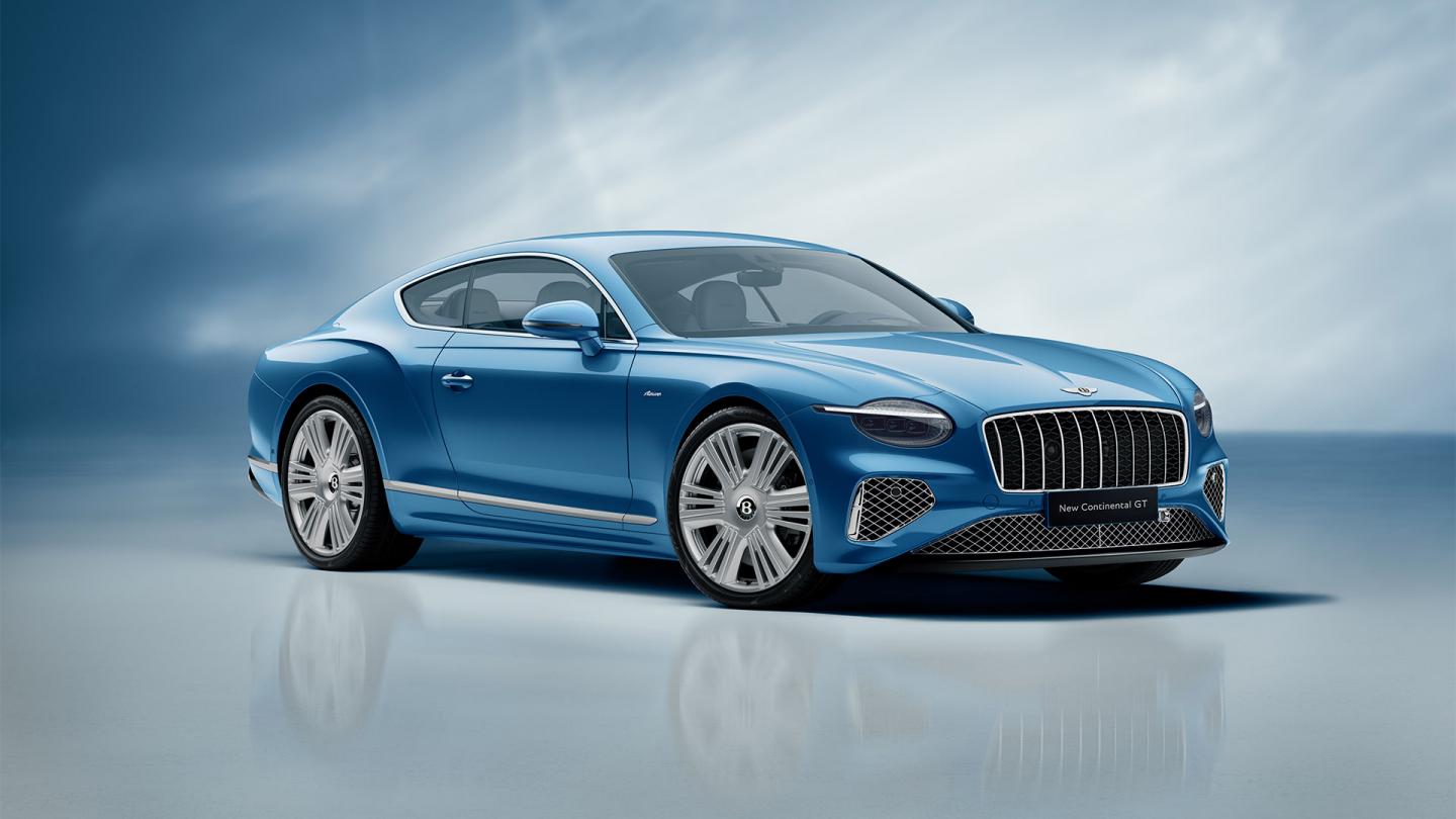 Front three quarter of the new hybrid Bentley Continental GT Azure with a Light Windsor Blue exterior colour and exclusive Azure 22" wheels