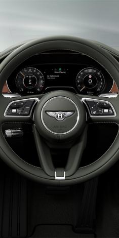 Close up of a Beluga main hide steering wheel in Continental GT