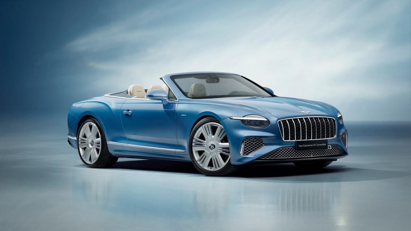 Front three quarter of the new hybrid Continental GTC Azure in Light Windsor Blue