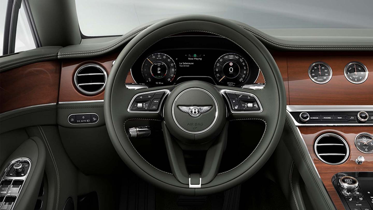Close up of the steering wheel in Beluga hide of the new Continental GTC