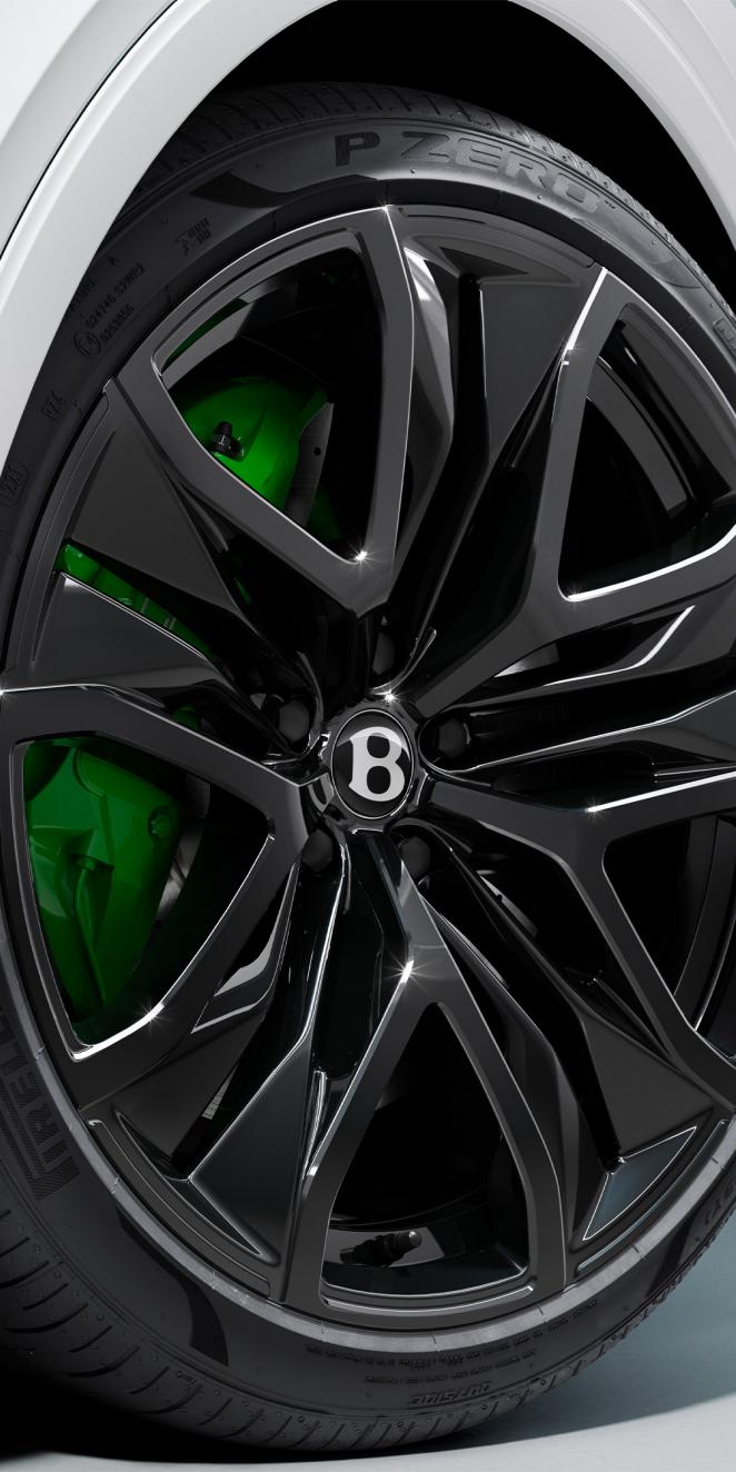 The new 23" Directional Wheels in the Black Painted option with the Hyper Green calliper by Mulliner.