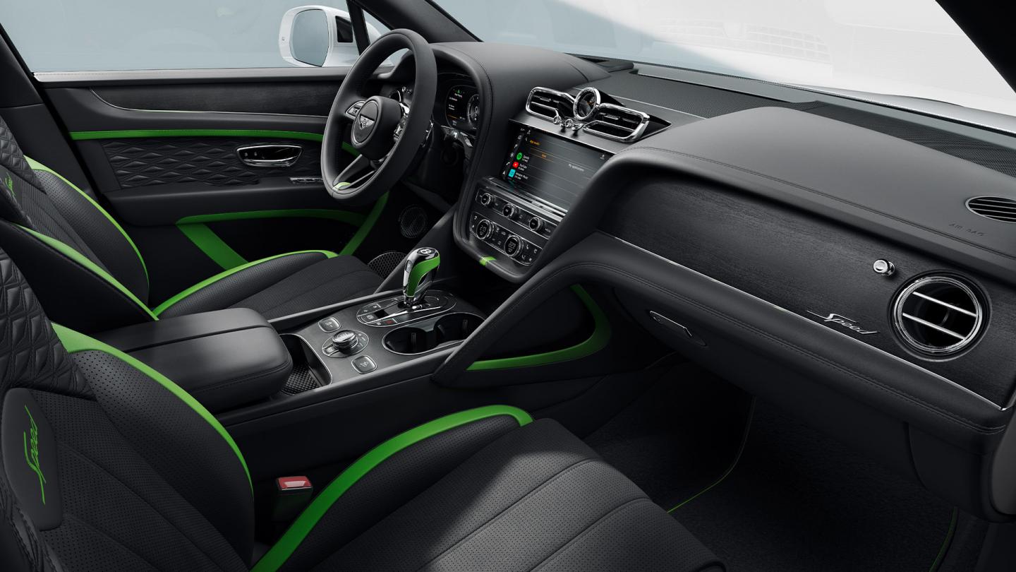 The new Bentayga Speed front cabin with Hyper Green main hide and Beluga secondary hide with precession diamond quilting and Speed colour split.