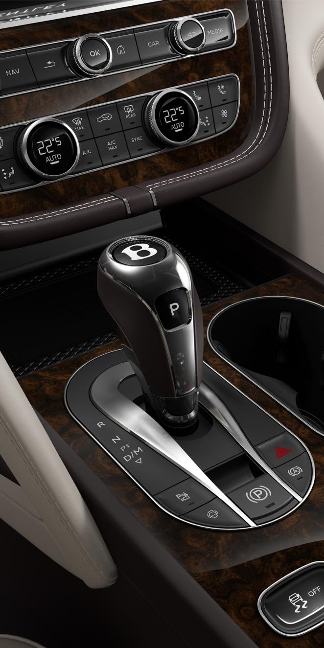 Bentley Bentayga EWB Azure SUV in Linen and Burnt Oak hides drive selector