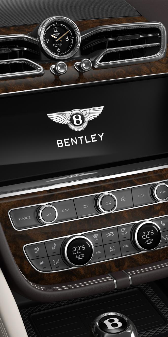 Bentley Bentayga EWB Azure SUV in Linen and Burnt Oak hides infotainment system