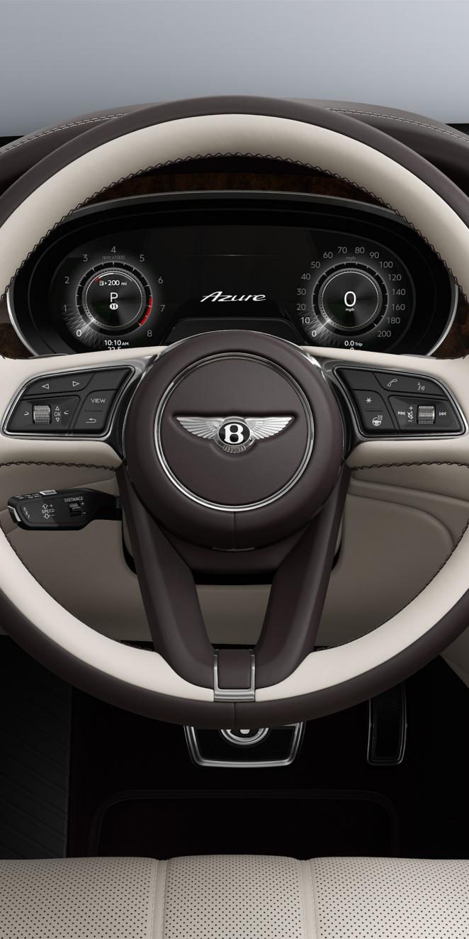 Bentley Bentayga EWB Azure SUV in Linen and Burnt Oak hides steering wheel