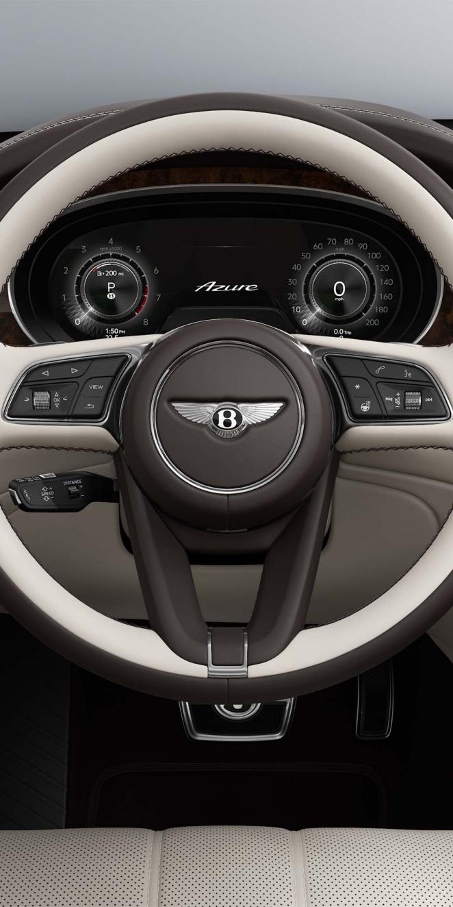 Bentley Bentayga EWB Azure SUV in Linen and Burnt Oak hides steering wheel