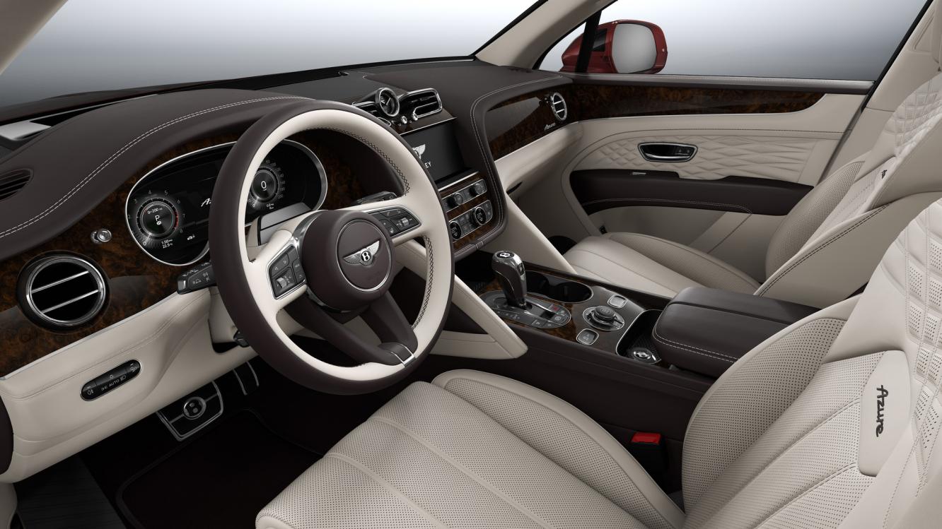 Front cabin of the Bentley Bentayga EWB Azure with Linen main hide and Burnt Oak secondary hide