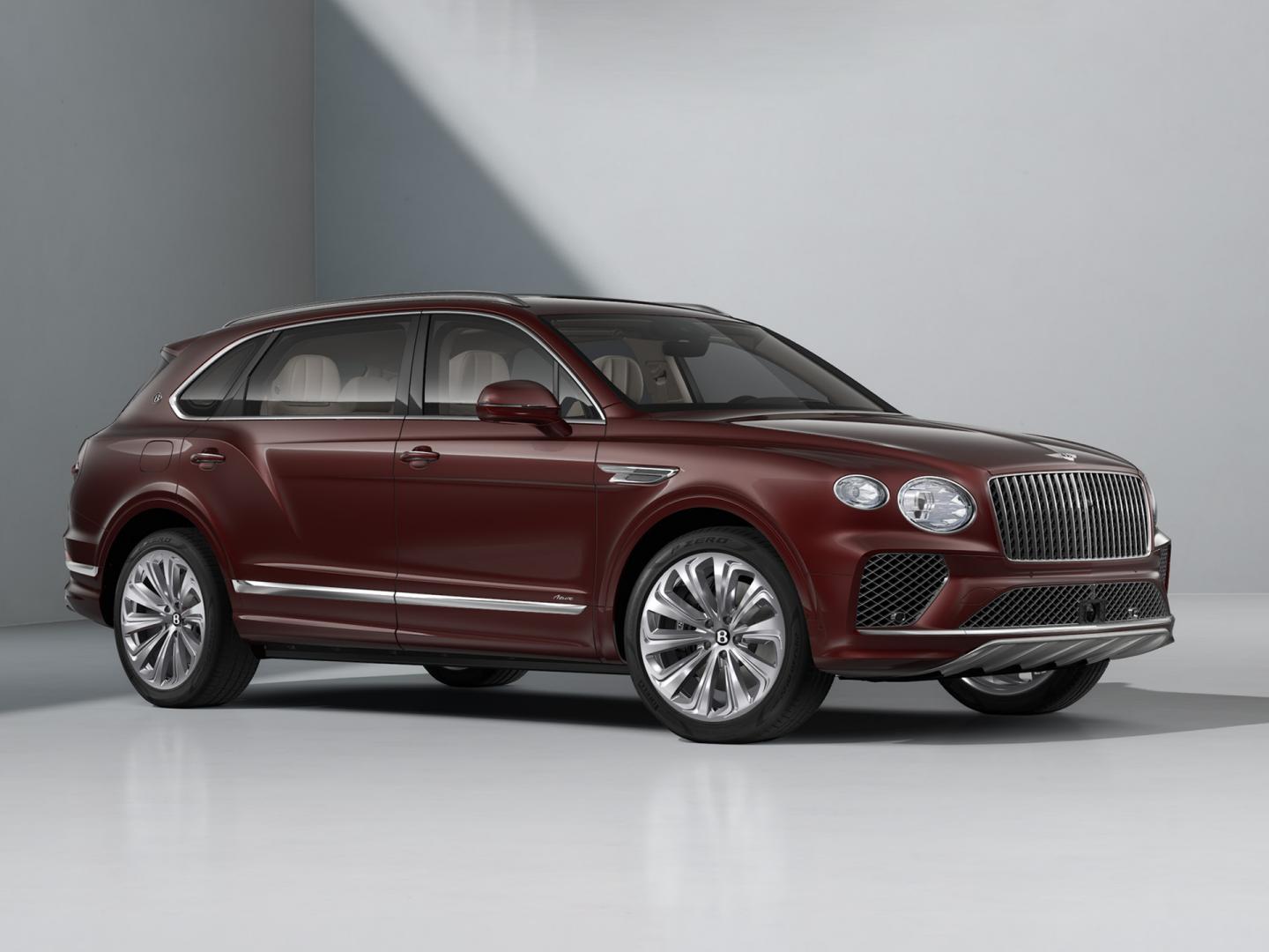 Bentayga EWB Azure SUV in Cricket Ball paint with 22" Ten Spoke Wheels front three quarter